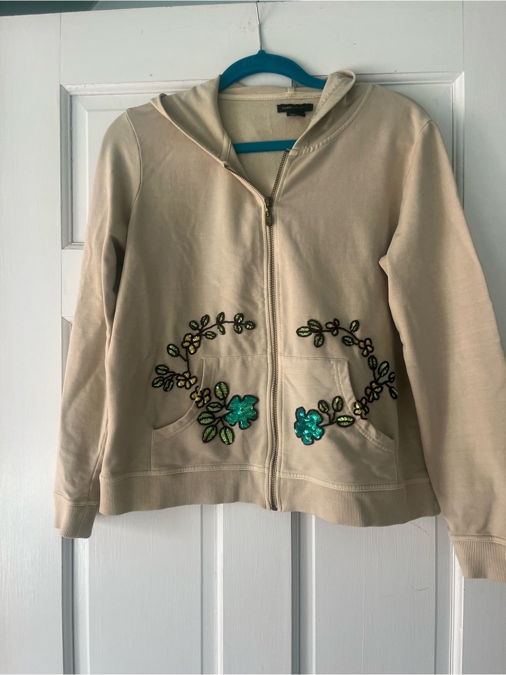 Beige Zip-Up Hoodie with Green Sequin Floral Embroidery